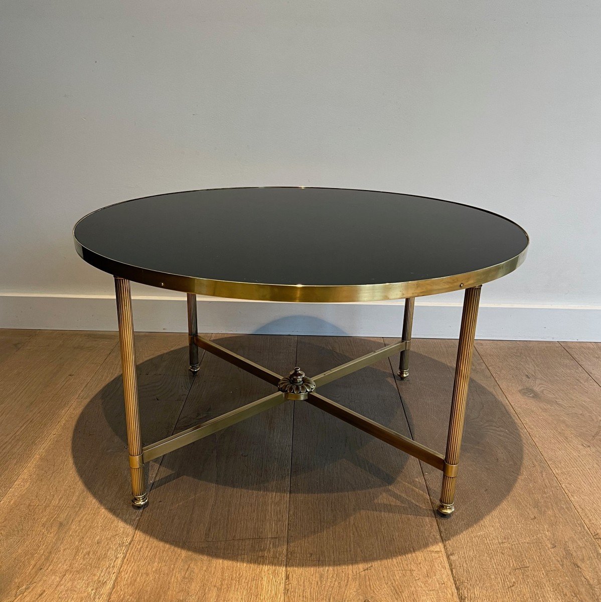 Round Brass Coffee Table With Black Lacquered Glass Top. Frencvh Work By Maison Jansen. -photo-8