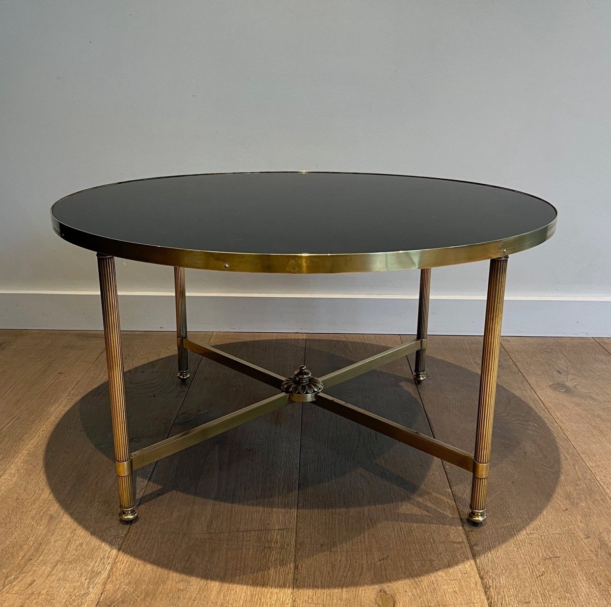 Round Brass Coffee Table With Black Lacquered Glass Top. Frencvh Work By Maison Jansen. 