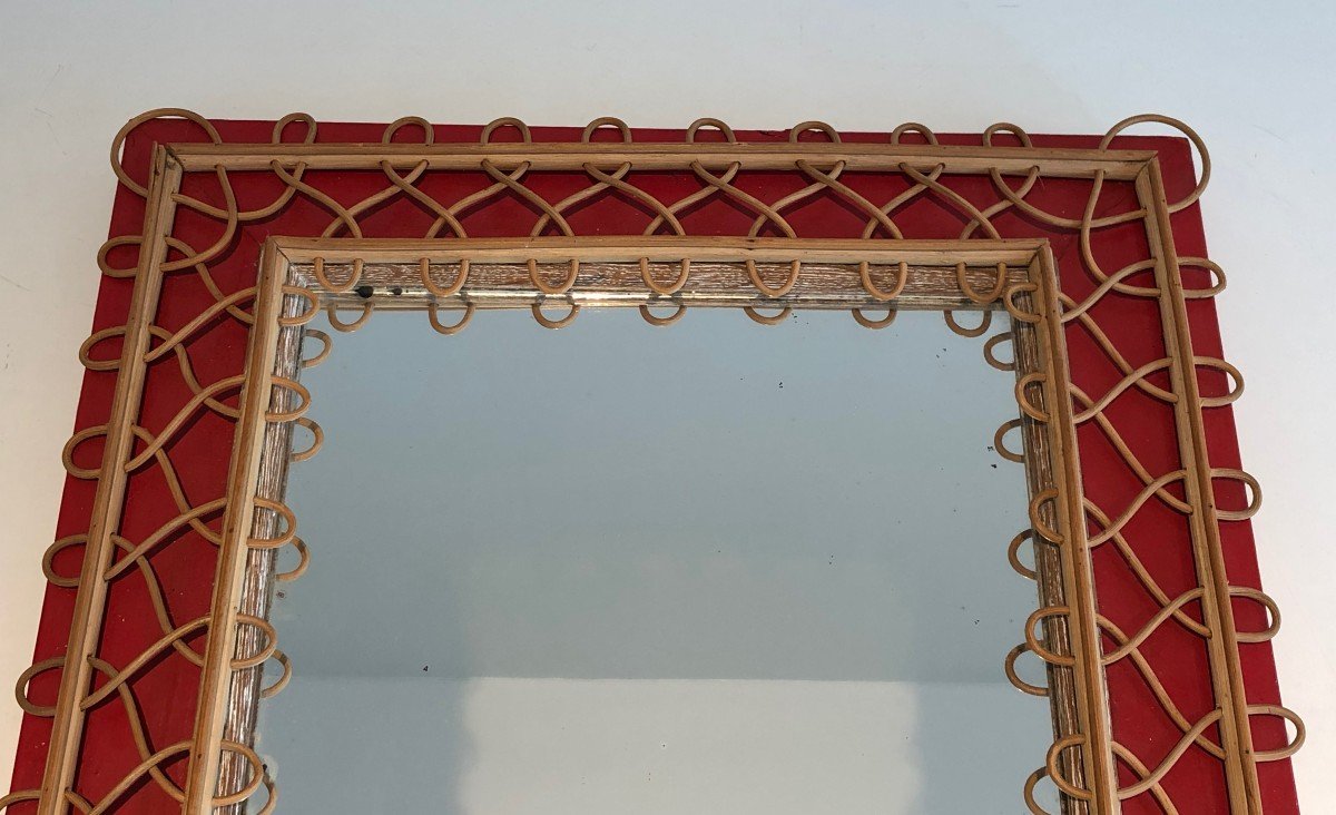 Rattan Mirror On Red Background. French Work. Circa 1940-photo-2