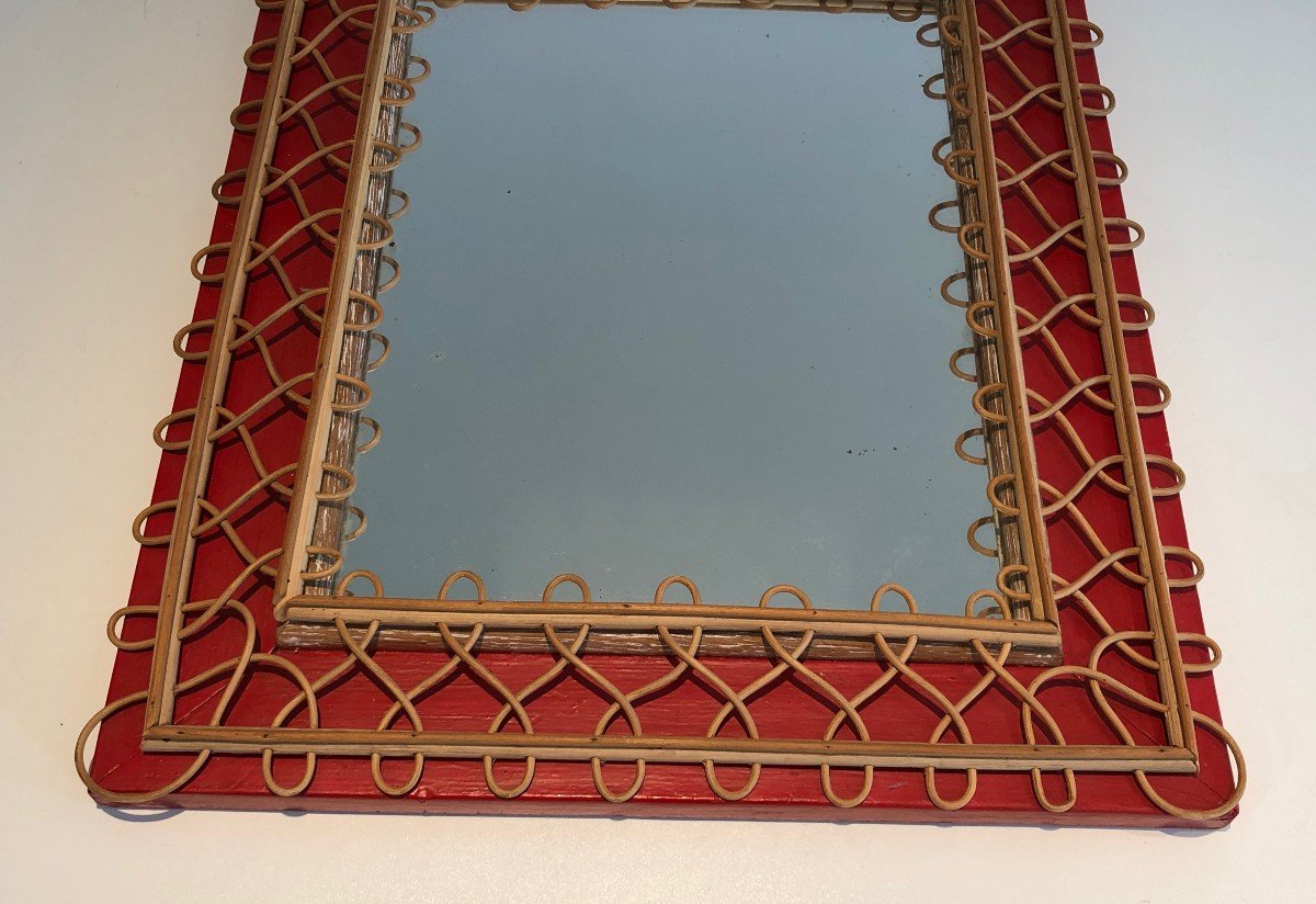 Rattan Mirror On Red Background. French Work. Circa 1940-photo-4