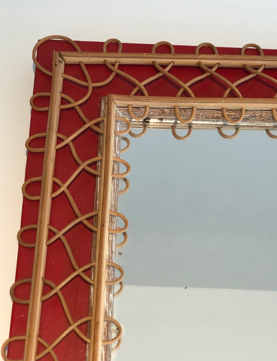 Rattan Mirror On Red Background. French Work. Circa 1940-photo-1