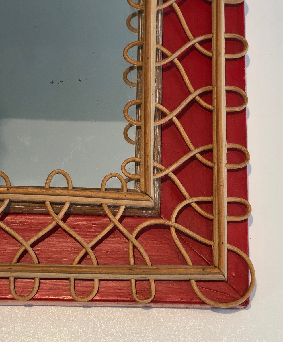 Rattan Mirror On Red Background. French Work. Circa 1940-photo-2