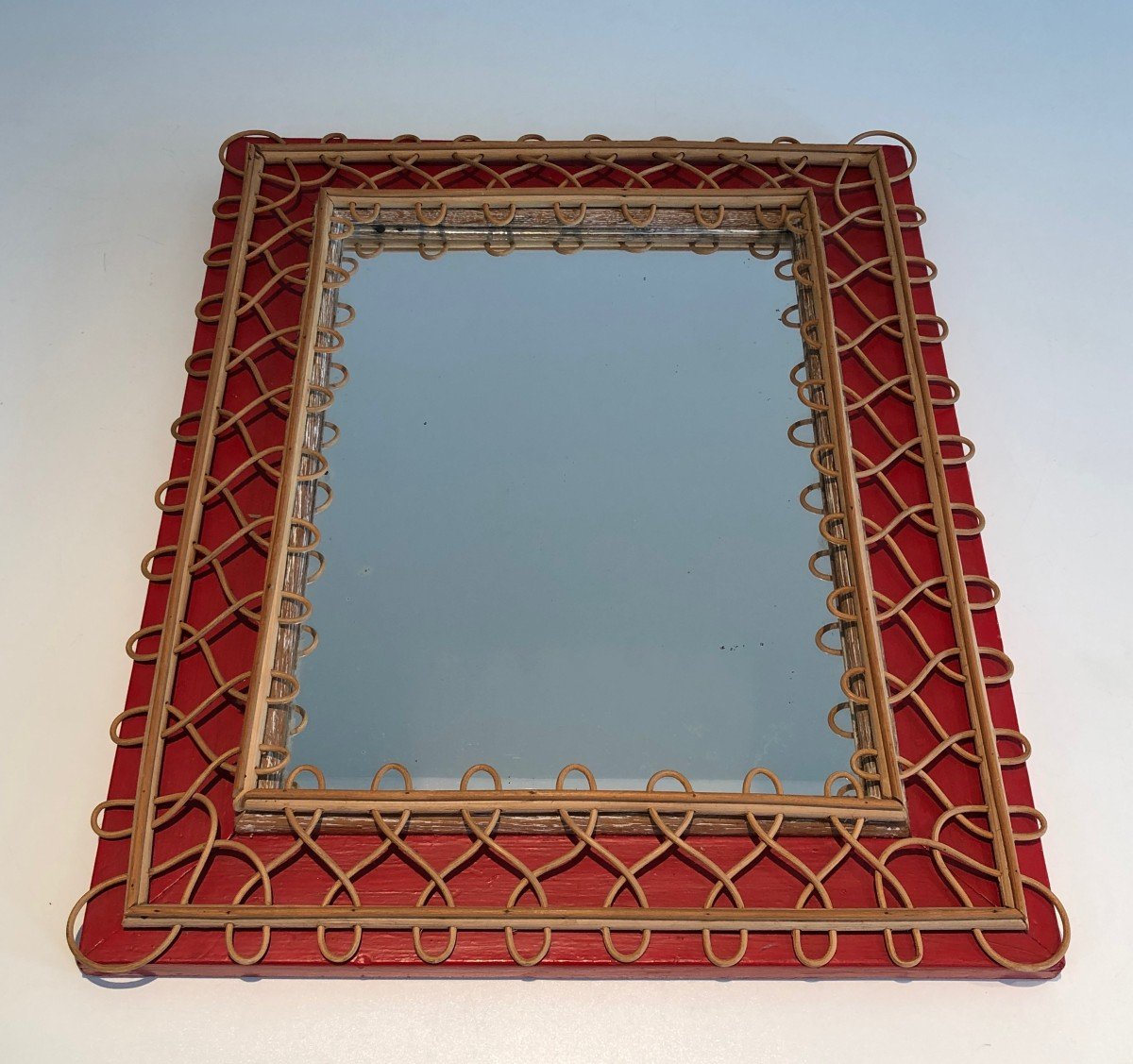 Rattan Mirror On Red Background. French Work. Circa 1940-photo-7