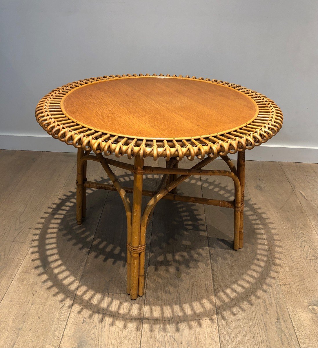 Round Rattan Coffee Table With A Wooden Top. Italian Work In The Style Of Franco Albini. Circa -photo-2