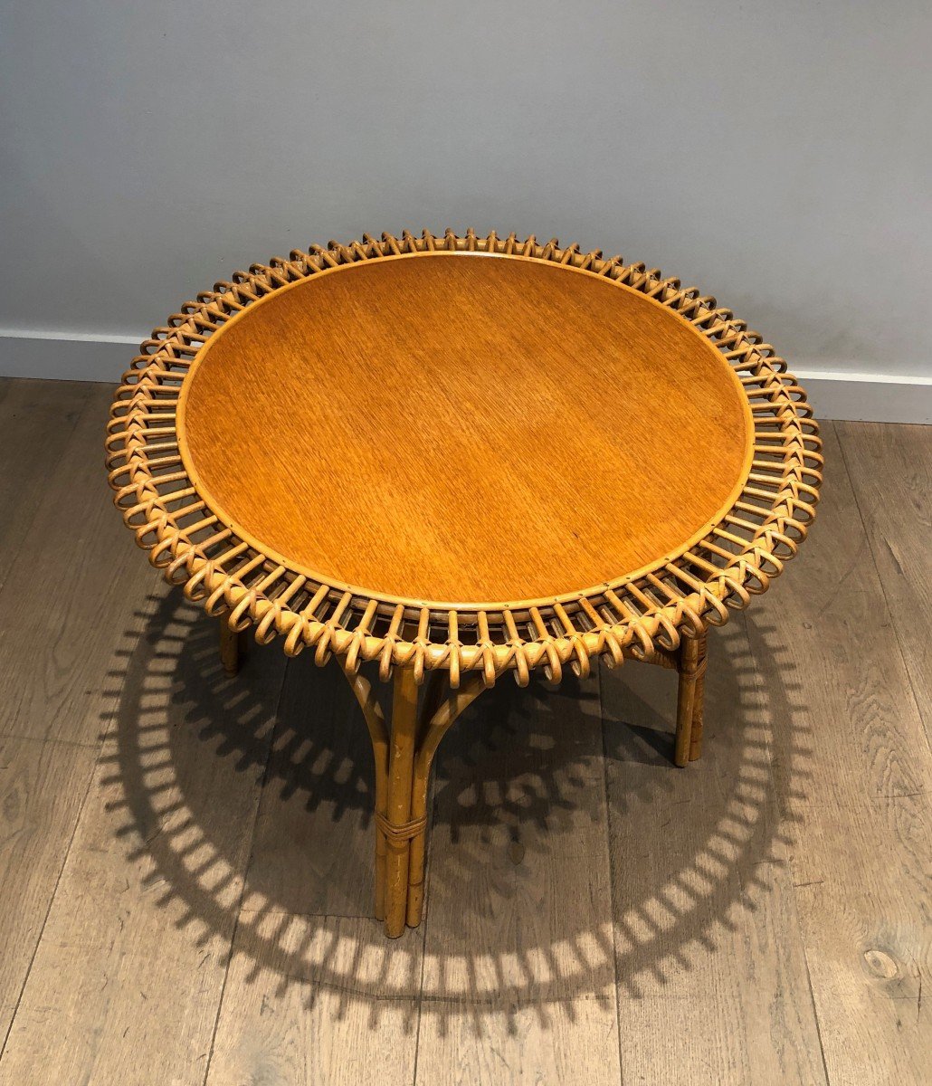 Round Rattan Coffee Table With A Wooden Top. Italian Work In The Style Of Franco Albini. Circa -photo-4