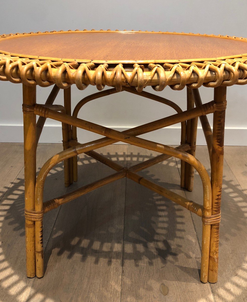 Round Rattan Coffee Table With A Wooden Top. Italian Work In The Style Of Franco Albini. Circa -photo-5