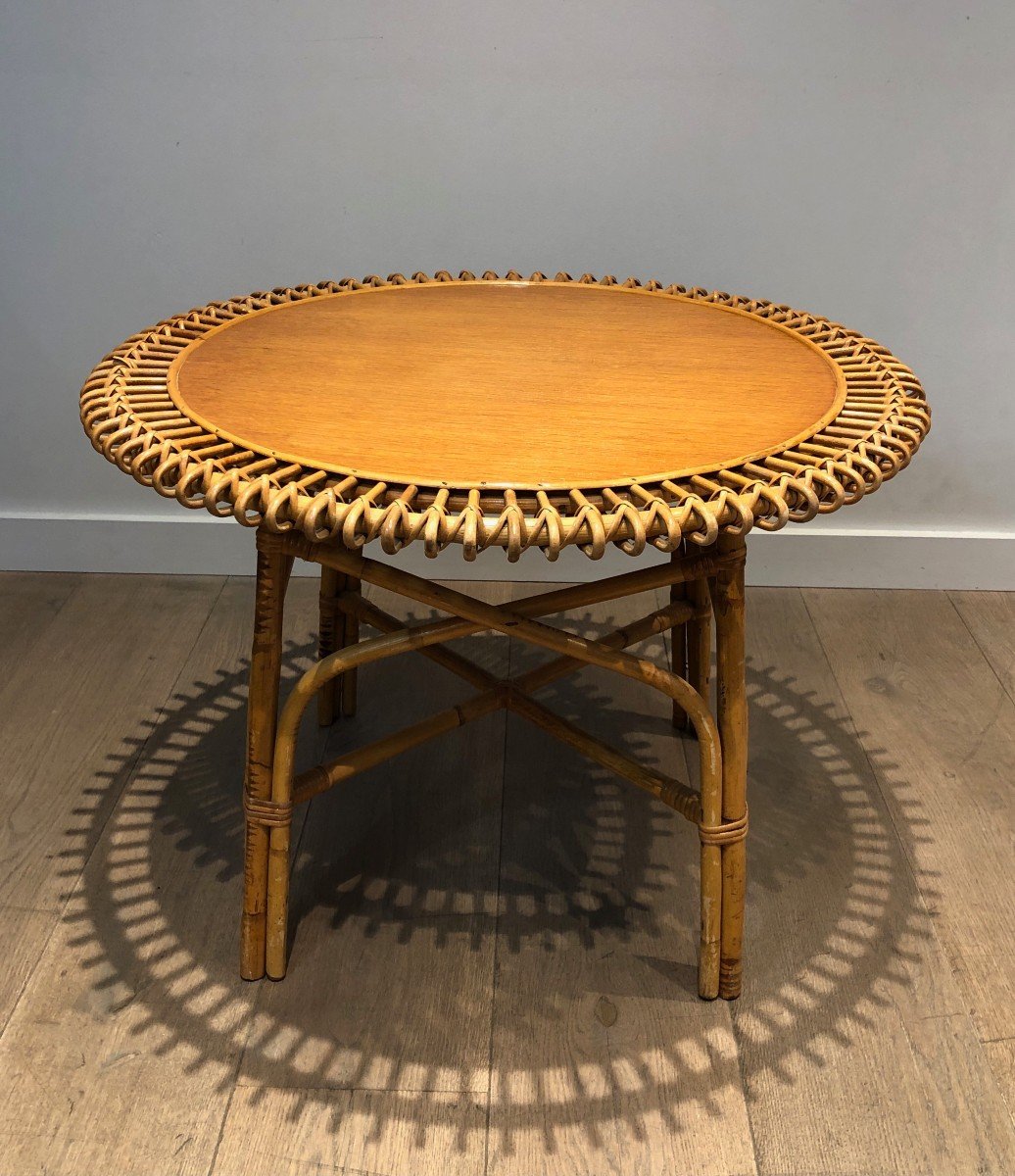 Round Rattan Coffee Table With A Wooden Top. Italian Work In The Style Of Franco Albini. Circa -photo-8