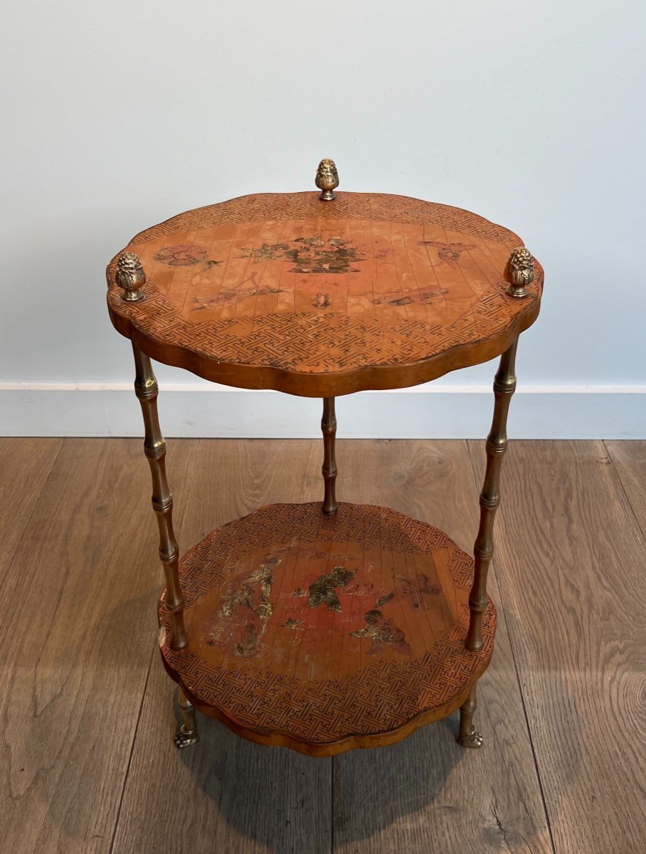 Neoclassical Style Pedestal Table In Faux Bamboo Bronze And Chinese Lacquer Top.-photo-2