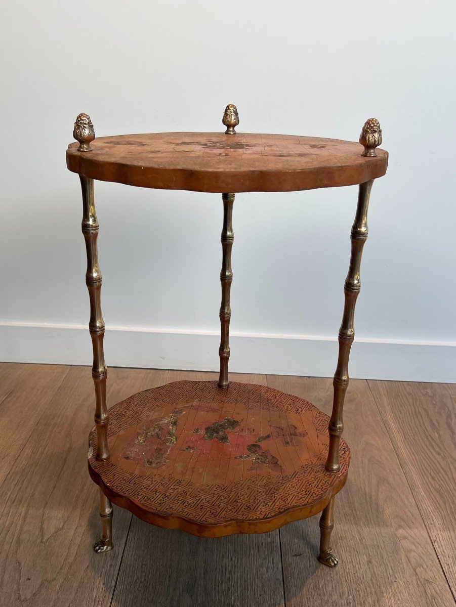 Neoclassical Style Pedestal Table In Faux Bamboo Bronze And Chinese Lacquer Top.