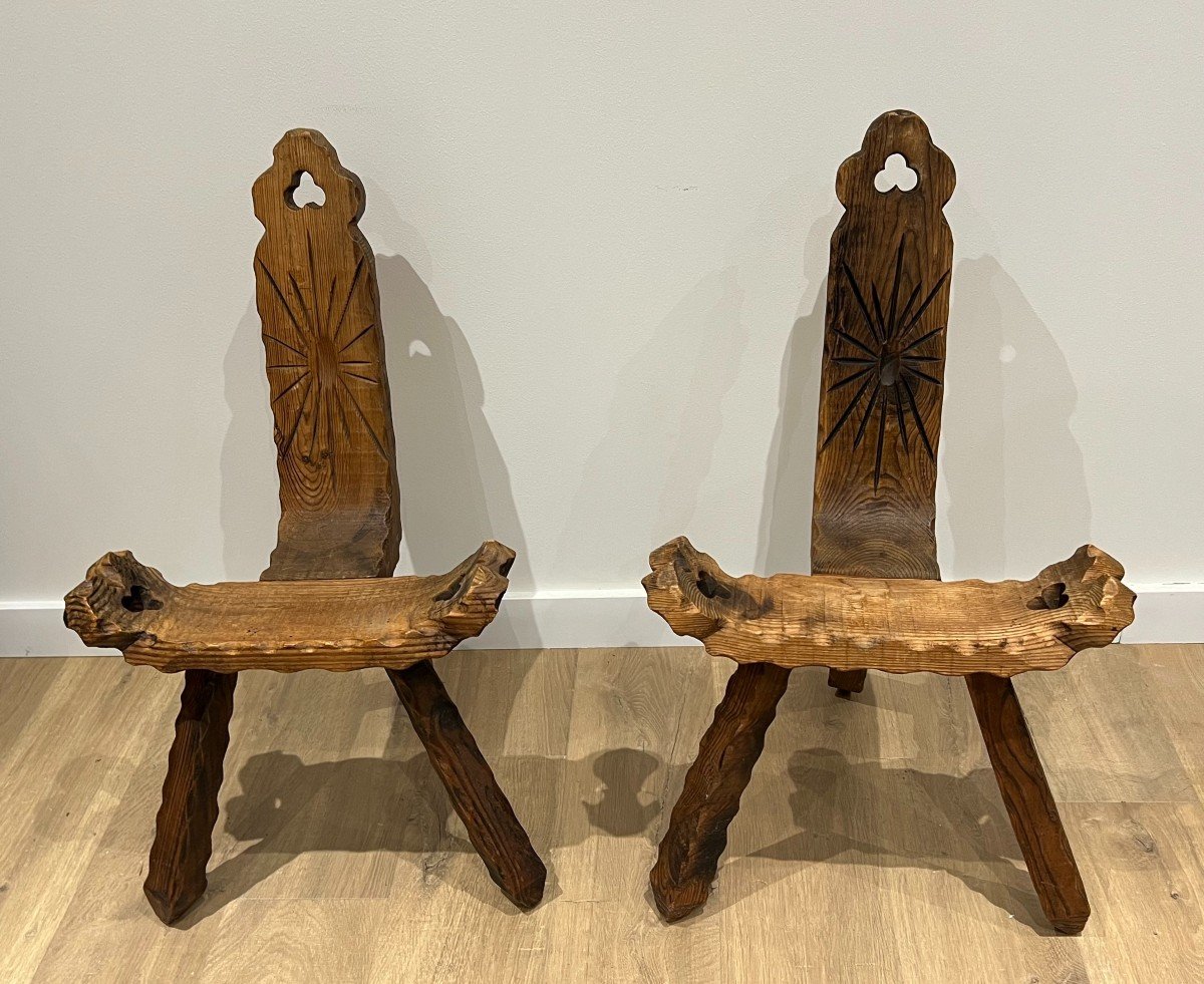 Pair Of Brutalist Tripode Low Chairs. French Work. Circa 1950-photo-2