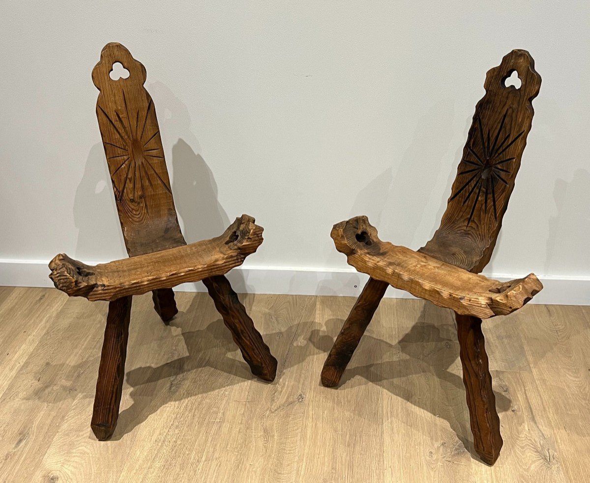 Pair Of Brutalist Tripode Low Chairs. French Work. Circa 1950