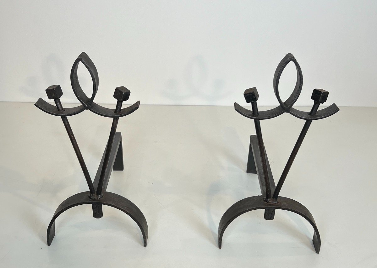 Pair Of Modernist Wrought Iron Andirons. French Work. Circa 1940-photo-3