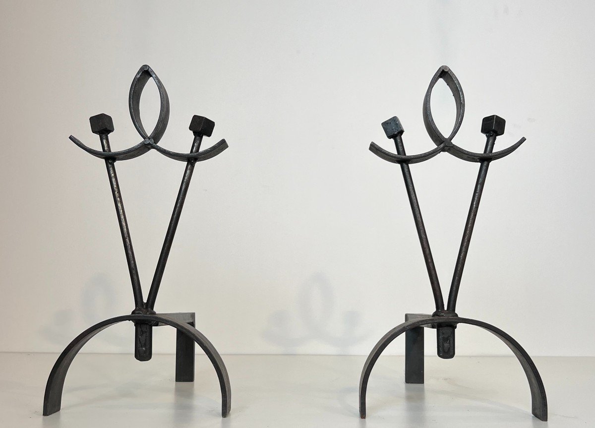 Pair Of Modernist Wrought Iron Andirons. French Work. Circa 1940-photo-4