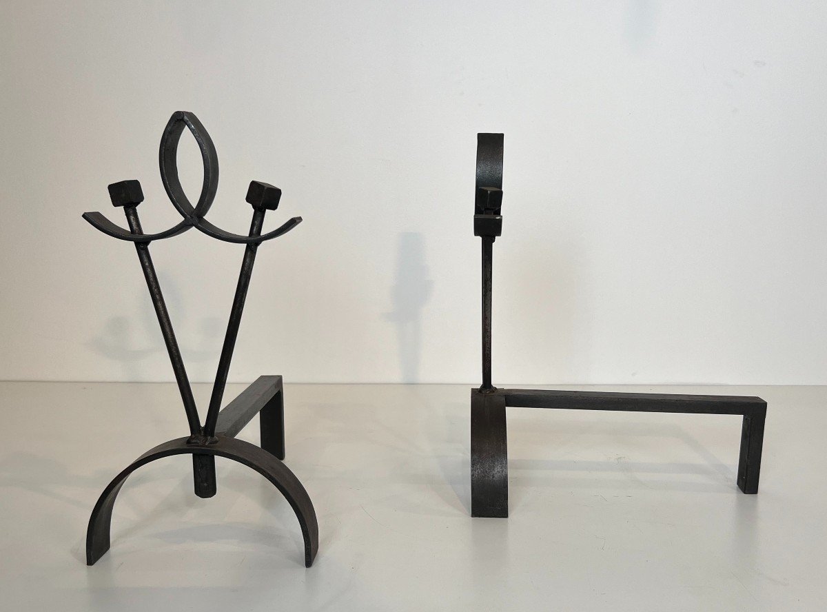 Pair Of Modernist Wrought Iron Andirons. French Work. Circa 1940-photo-2