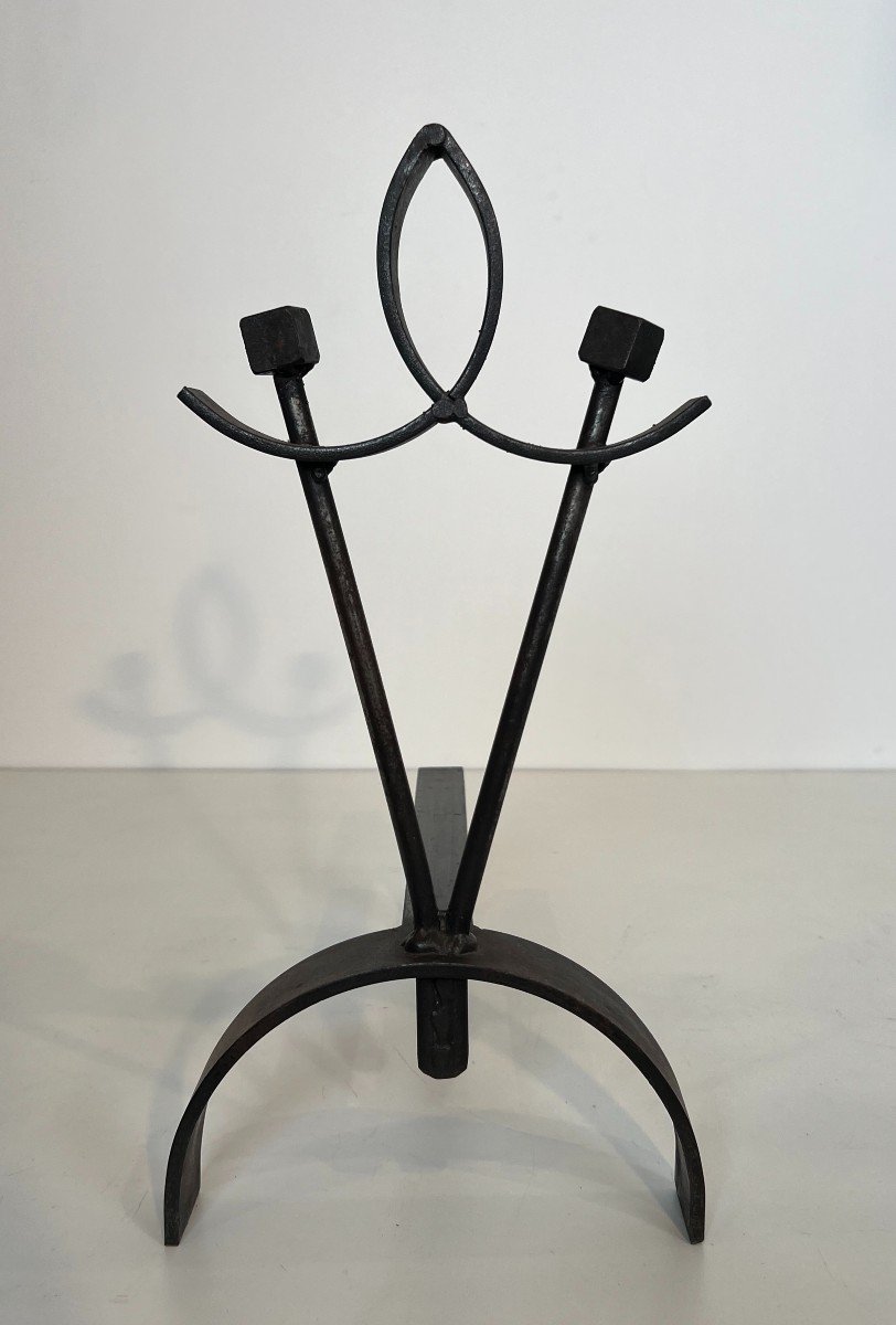 Pair Of Modernist Wrought Iron Andirons. French Work. Circa 1940-photo-4