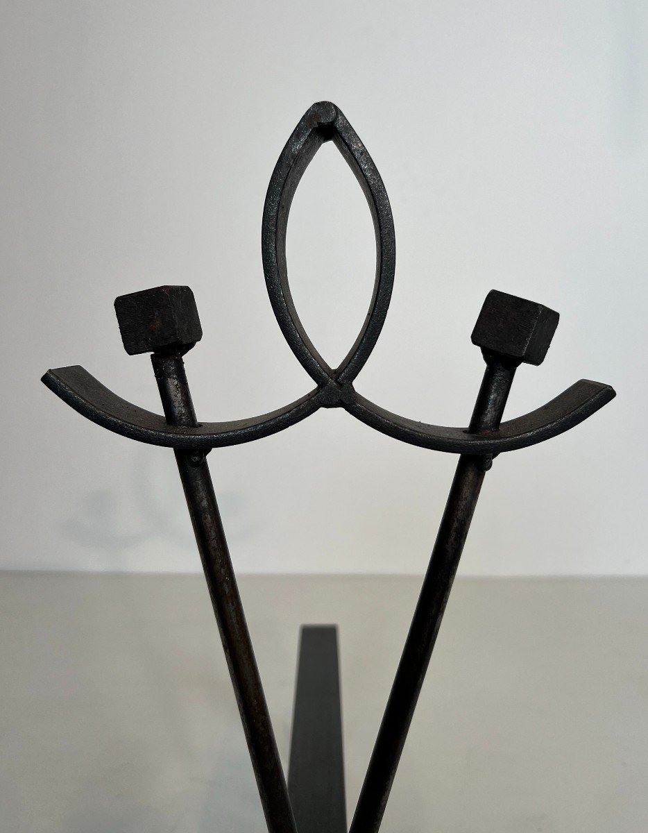 Pair Of Modernist Wrought Iron Andirons. French Work. Circa 1940-photo-6