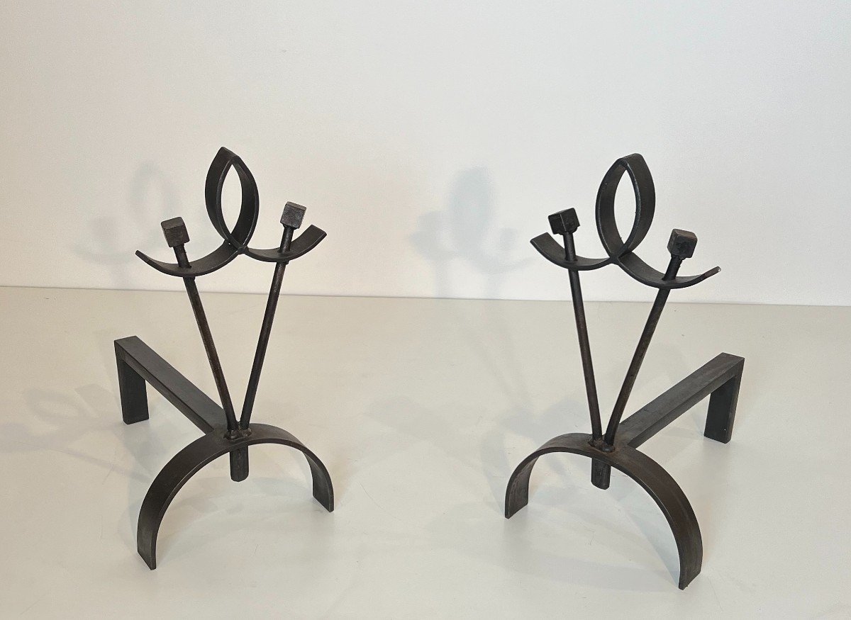 Pair Of Modernist Wrought Iron Andirons. French Work. Circa 1940-photo-8