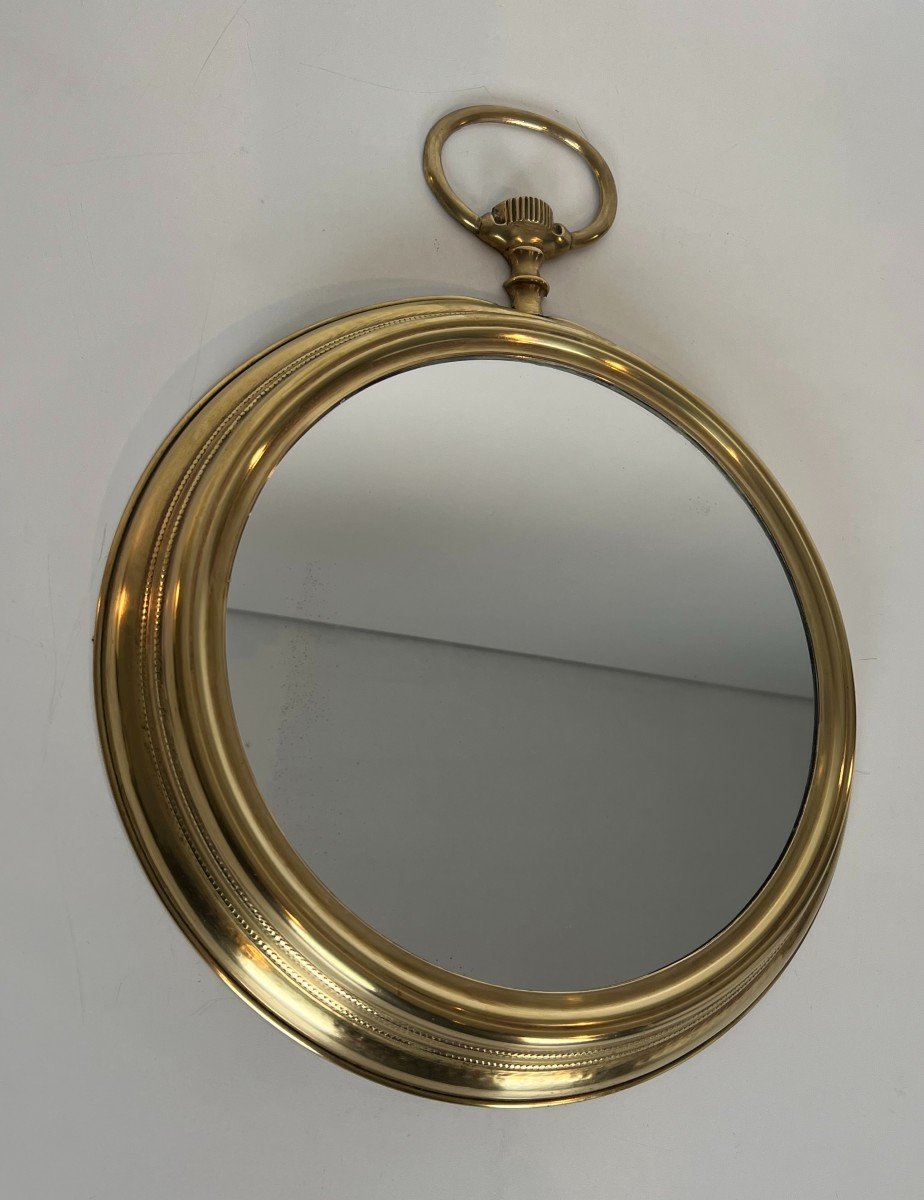 Large Brass Mirror Showing A Pocket Watch. French Work. Circa 1970-photo-2