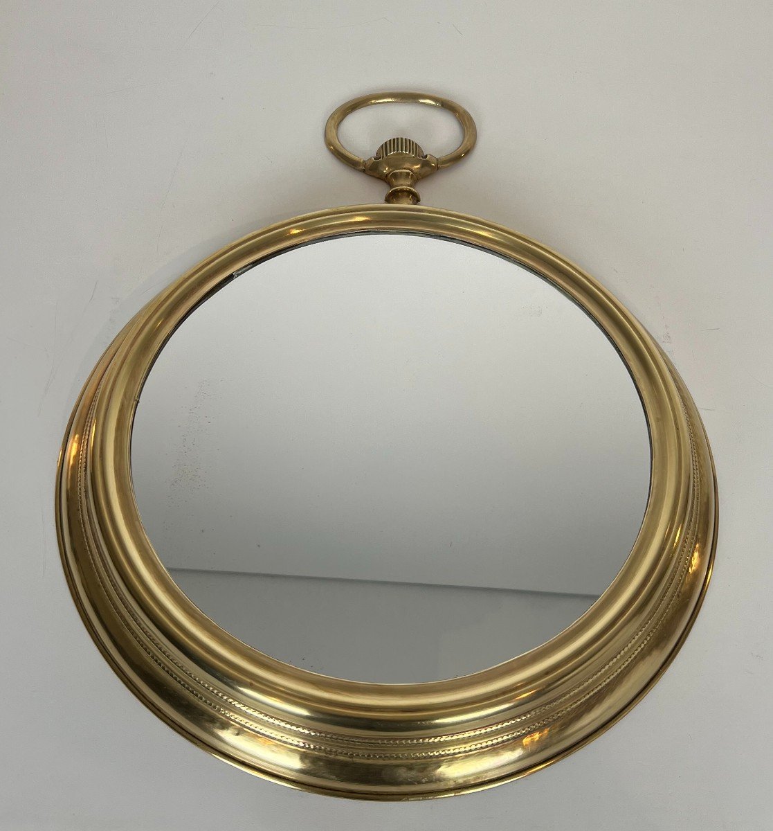 Large Brass Mirror Showing A Pocket Watch. French Work. Circa 1970-photo-3