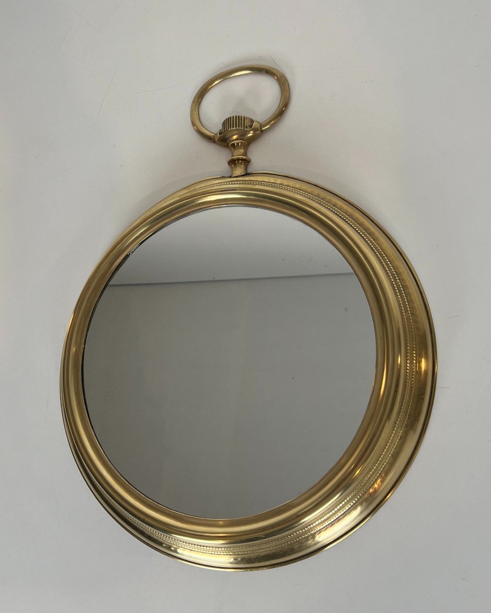 Large Brass Mirror Showing A Pocket Watch. French Work. Circa 1970-photo-7