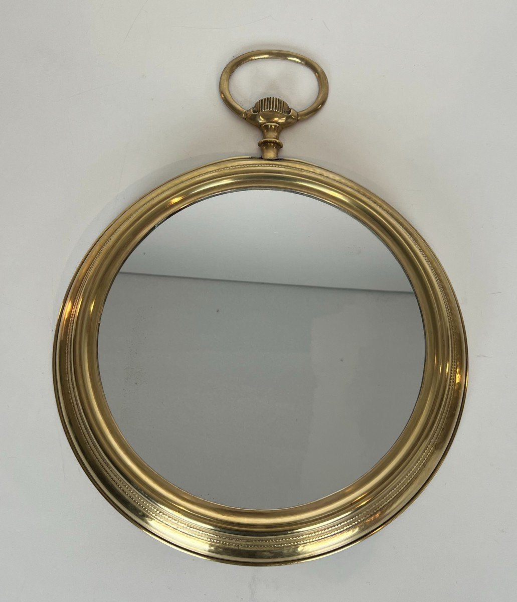 Large Brass Mirror Showing A Pocket Watch. French Work. Circa 1970-photo-8