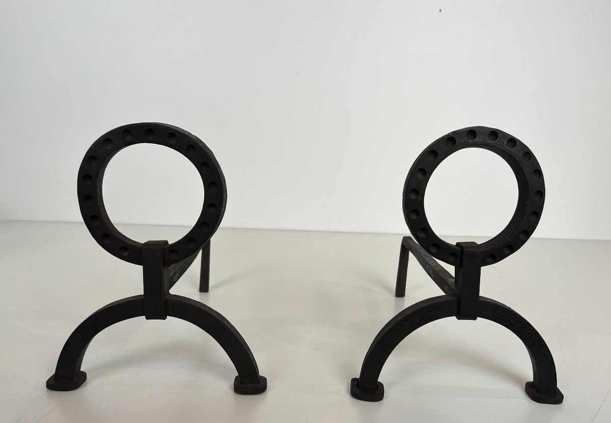 Pair Of Modernist Wrought Iron Andirons. French Work In The Style Of Jacques Adnet. Circa 1950-photo-3