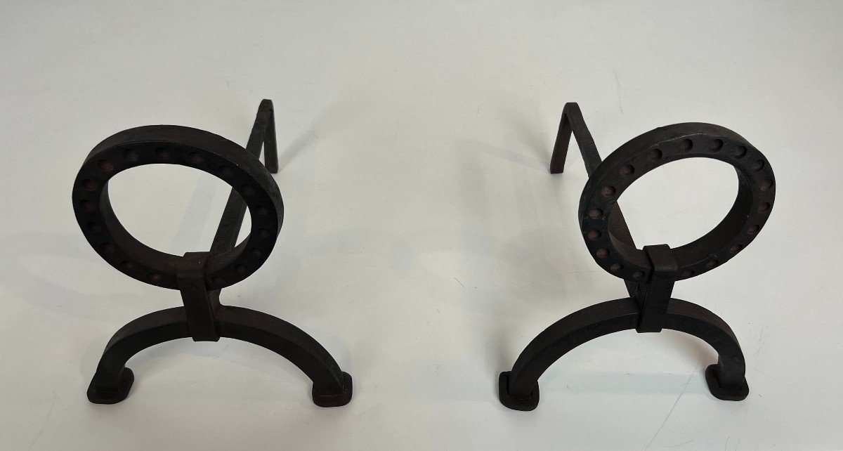 Pair Of Modernist Wrought Iron Andirons. French Work In The Style Of Jacques Adnet. Circa 1950-photo-4