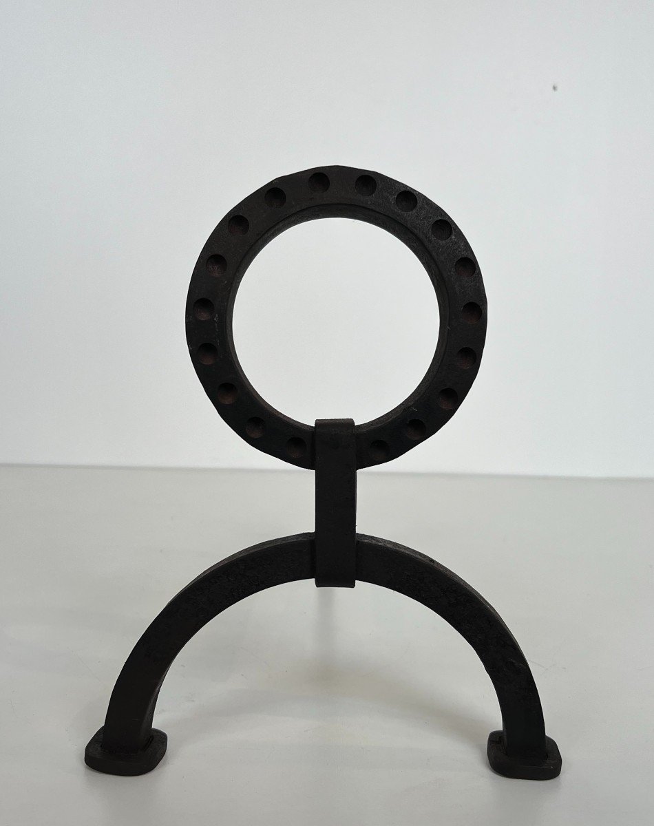 Pair Of Modernist Wrought Iron Andirons. French Work In The Style Of Jacques Adnet. Circa 1950-photo-4