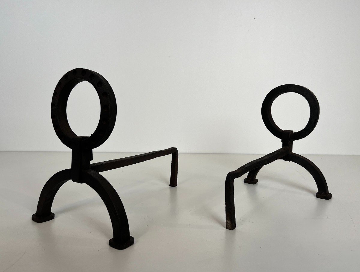 Pair Of Modernist Wrought Iron Andirons. French Work In The Style Of Jacques Adnet. Circa 1950-photo-7