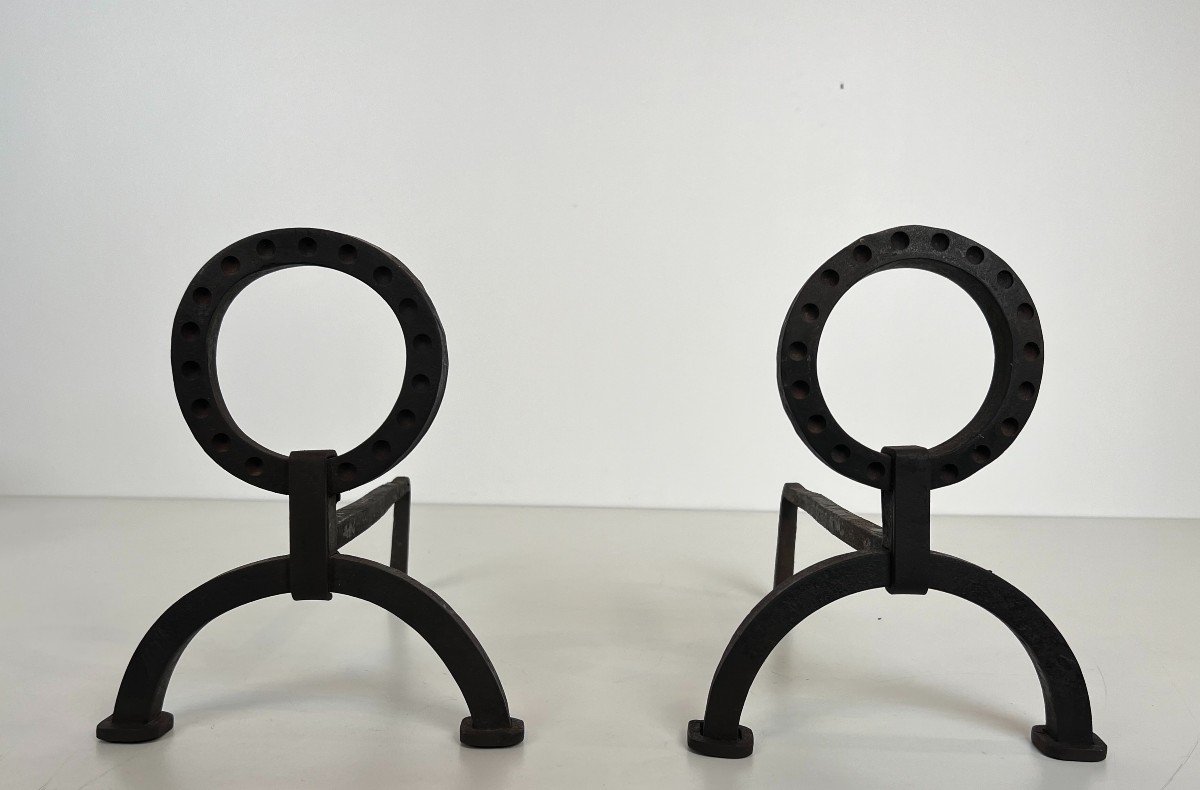 Pair Of Modernist Wrought Iron Andirons. French Work In The Style Of Jacques Adnet. Circa 1950-photo-8