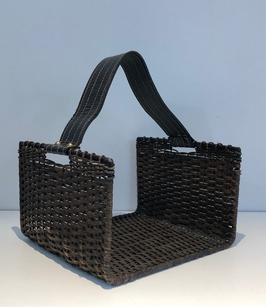 Rattan, Black Lacquered Metal And Leather Log Holder. French. Circa 1970-photo-2