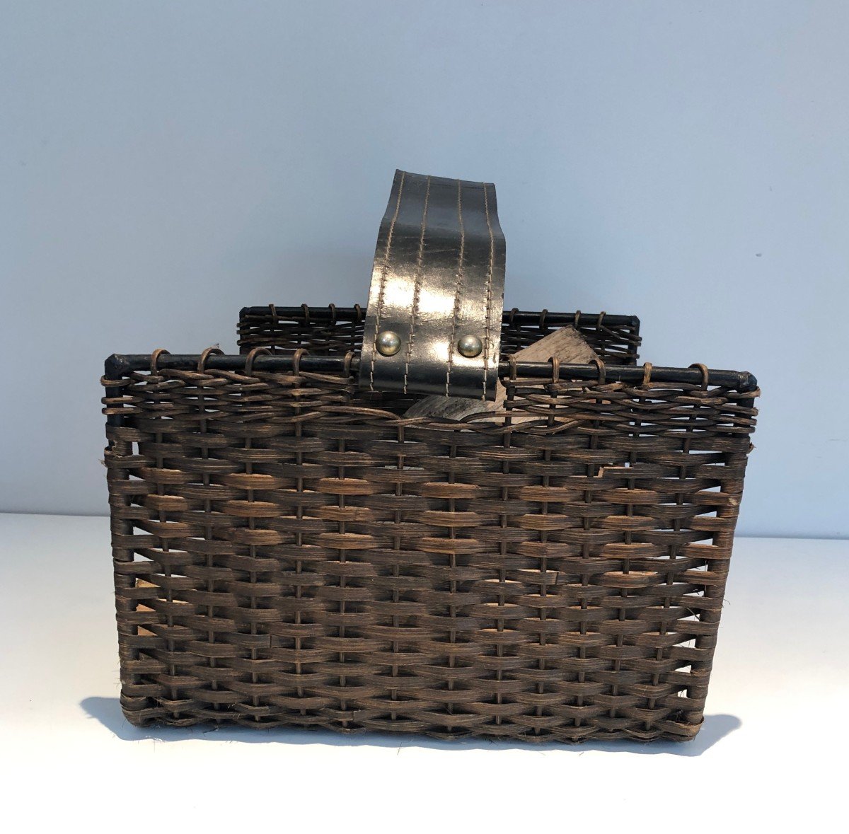 Rattan, Black Lacquered Metal And Leather Log Holder. French. Circa 1970-photo-4