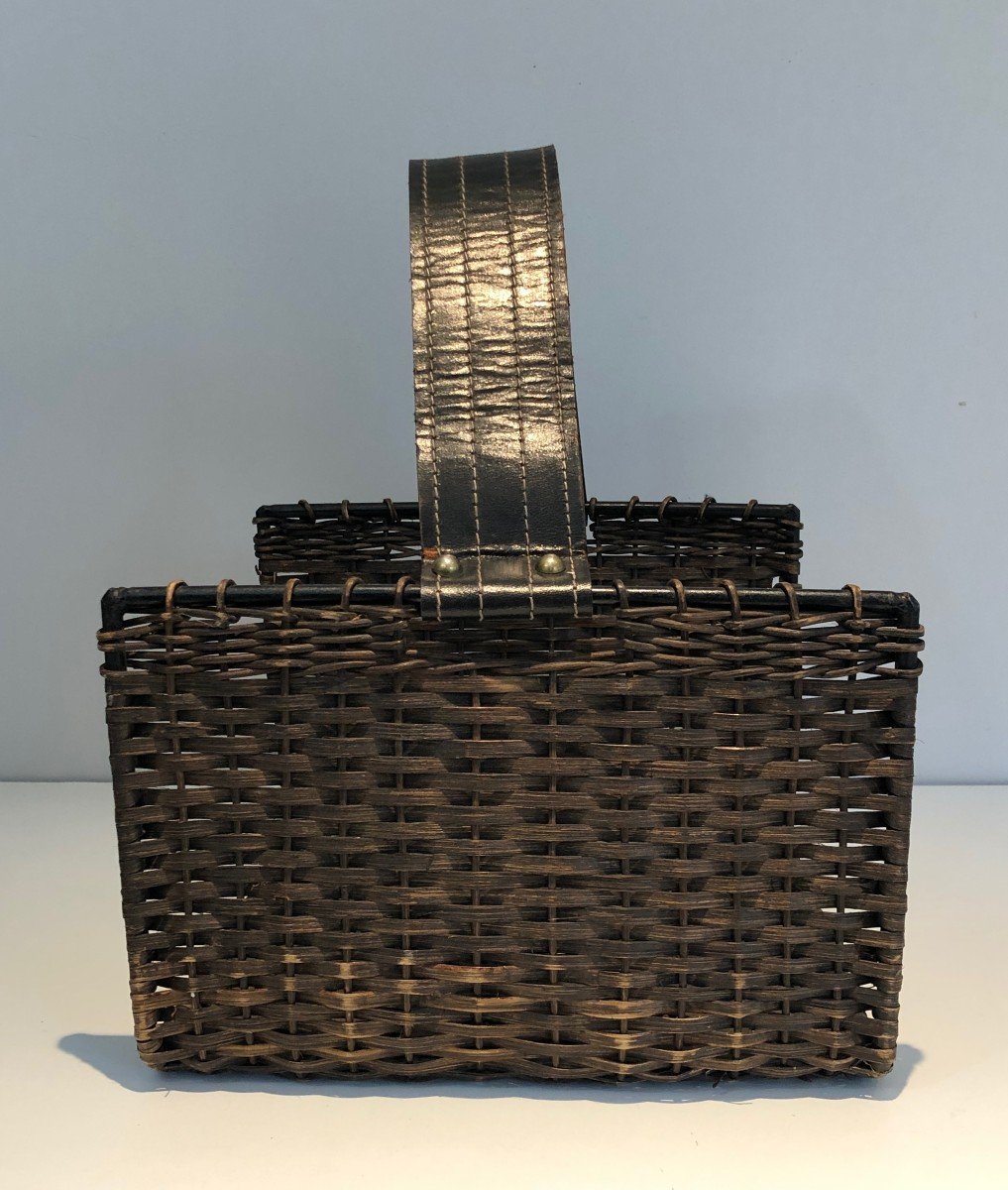 Rattan, Black Lacquered Metal And Leather Log Holder. French. Circa 1970-photo-3