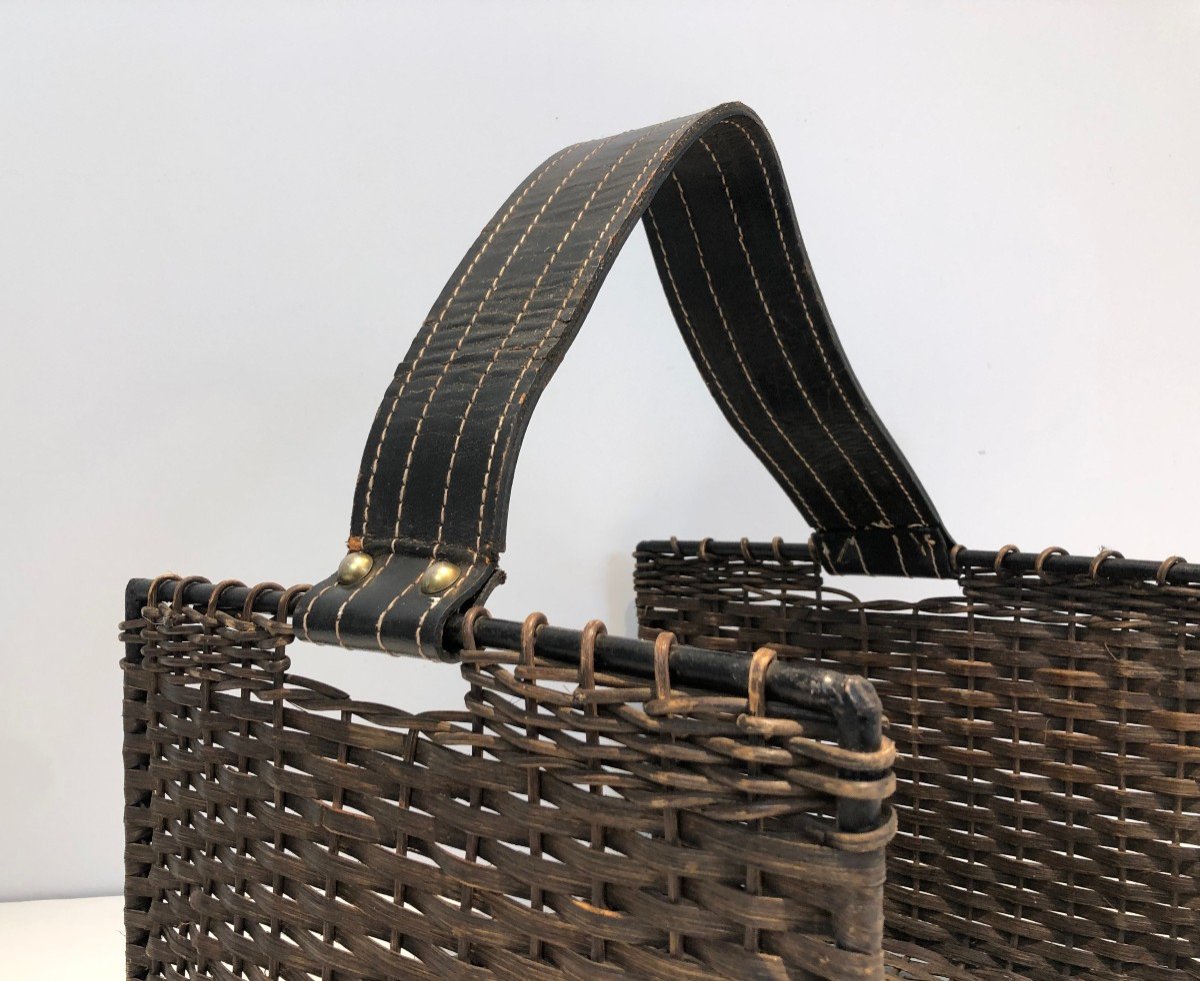 Rattan, Black Lacquered Metal And Leather Log Holder. French. Circa 1970-photo-4