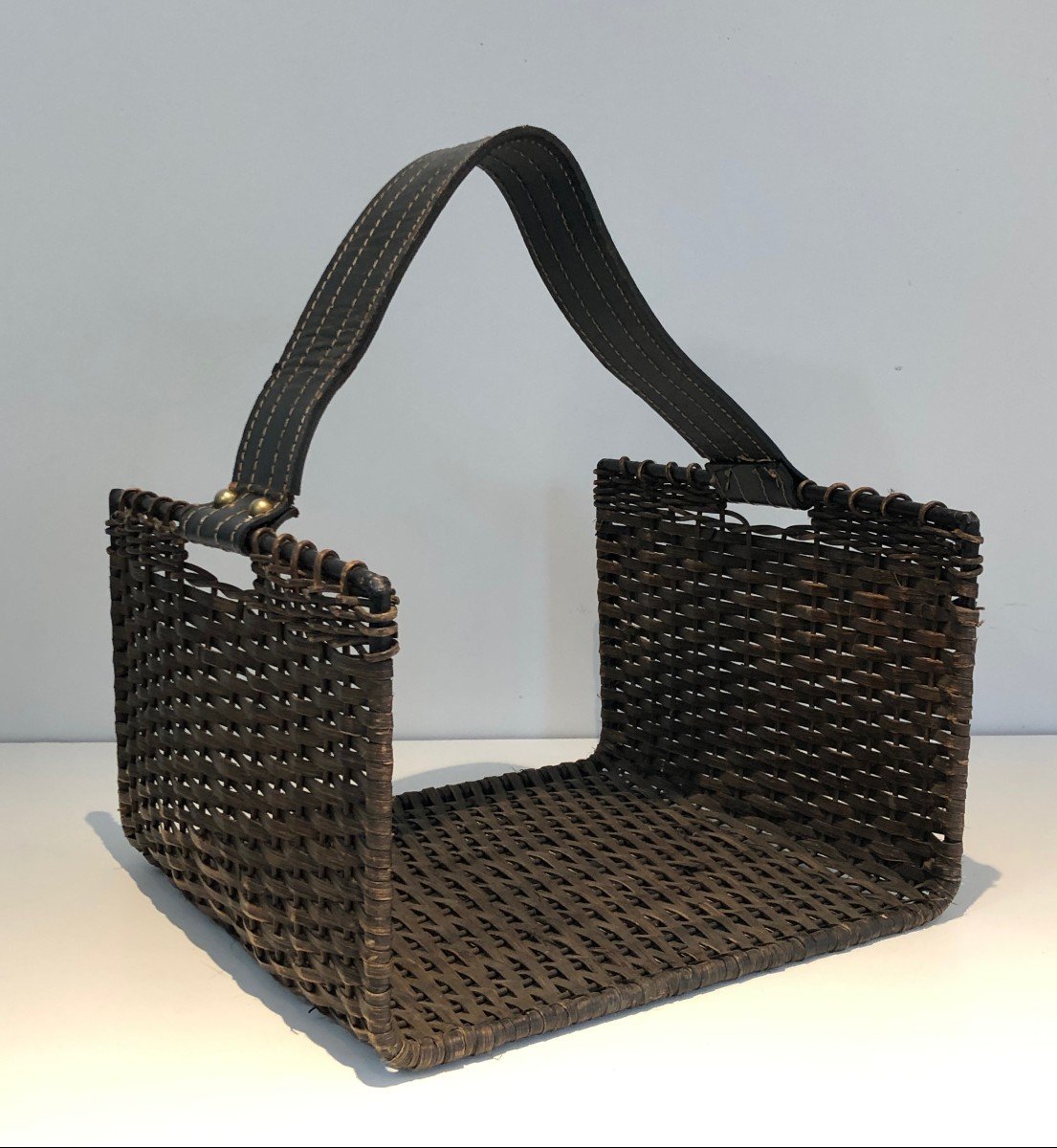 Rattan, Black Lacquered Metal And Leather Log Holder. French. Circa 1970-photo-8