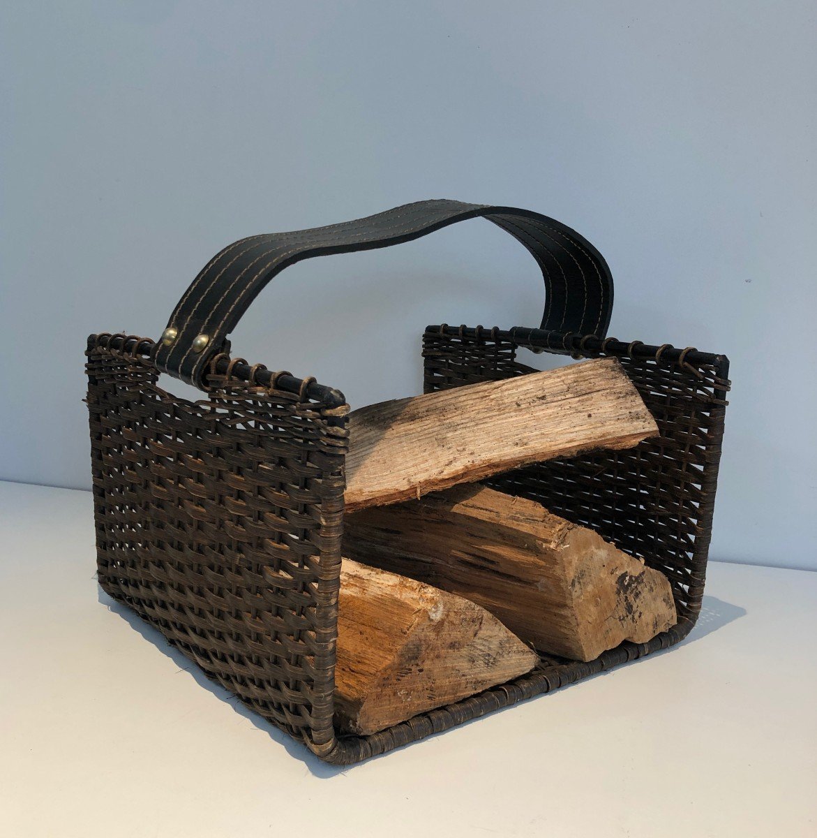 Rattan, Black Lacquered Metal And Leather Log Holder. French. Circa 1970