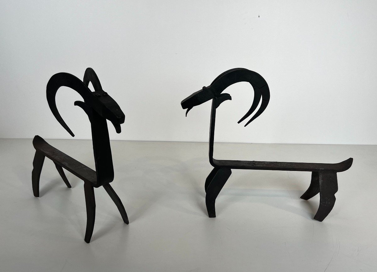 Pair Of Wrought Iron Andirons Representing A Goat. French Work In The Style Of Edouard Schenck.-photo-2