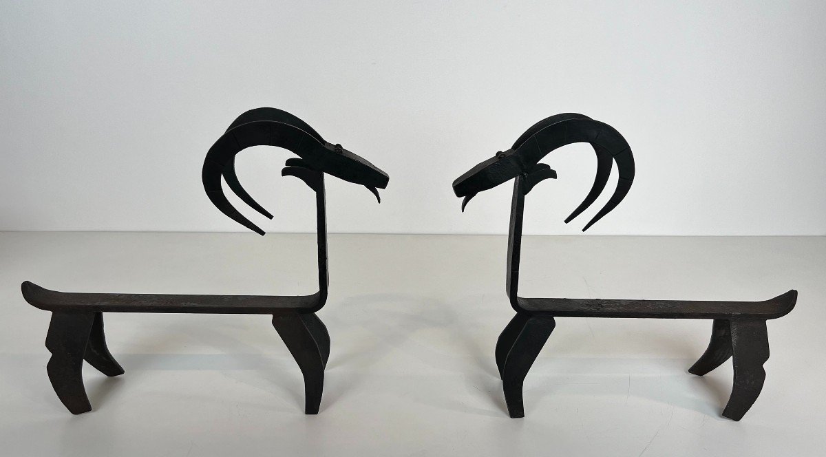 Pair Of Wrought Iron Andirons Representing A Goat. French Work In The Style Of Edouard Schenck.-photo-3