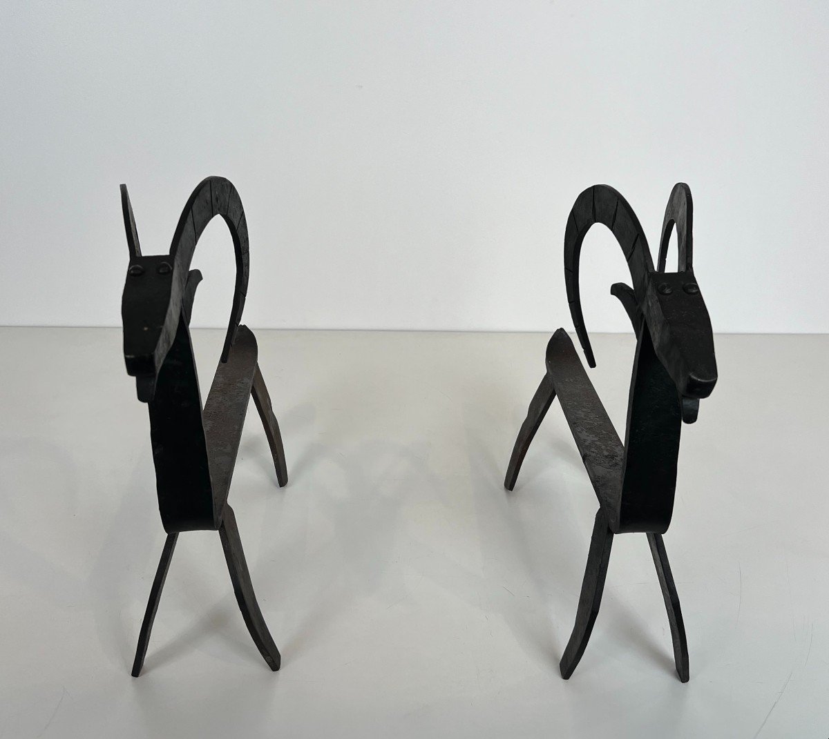 Pair Of Wrought Iron Andirons Representing A Goat. French Work In The Style Of Edouard Schenck.-photo-4