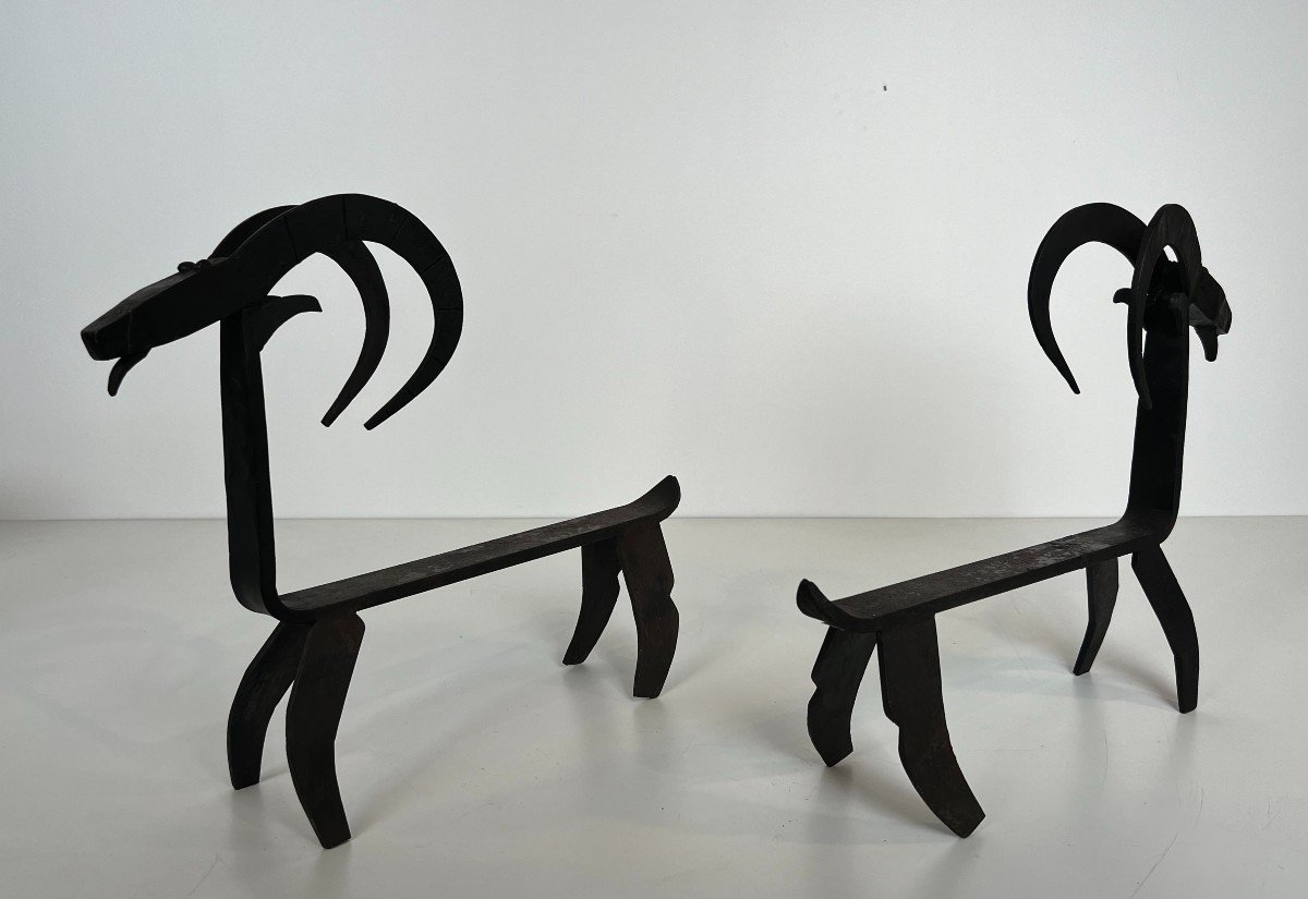 Pair Of Wrought Iron Andirons Representing A Goat. French Work In The Style Of Edouard Schenck.-photo-1