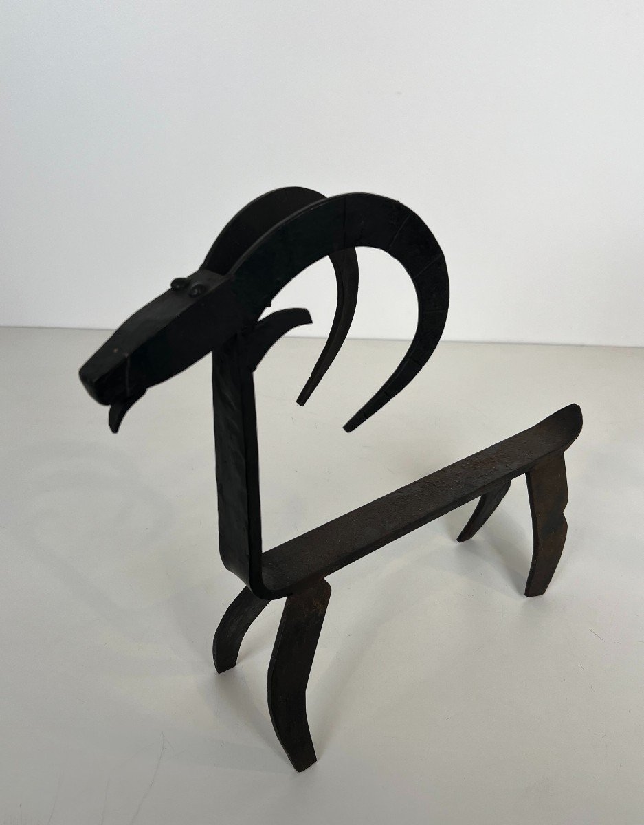 Pair Of Wrought Iron Andirons Representing A Goat. French Work In The Style Of Edouard Schenck.-photo-2