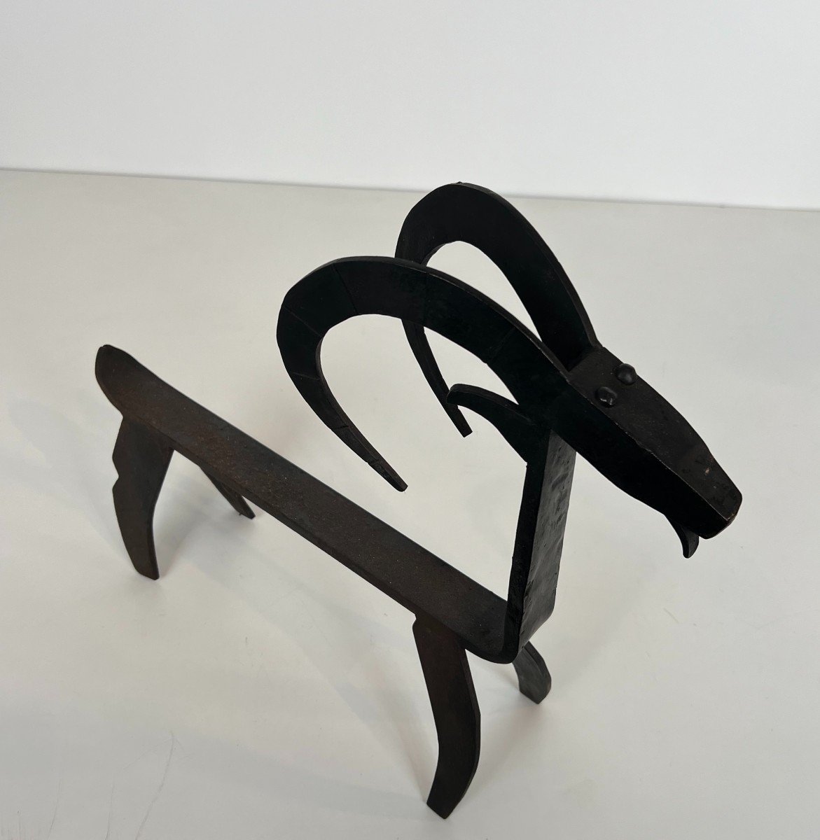 Pair Of Wrought Iron Andirons Representing A Goat. French Work In The Style Of Edouard Schenck.-photo-3