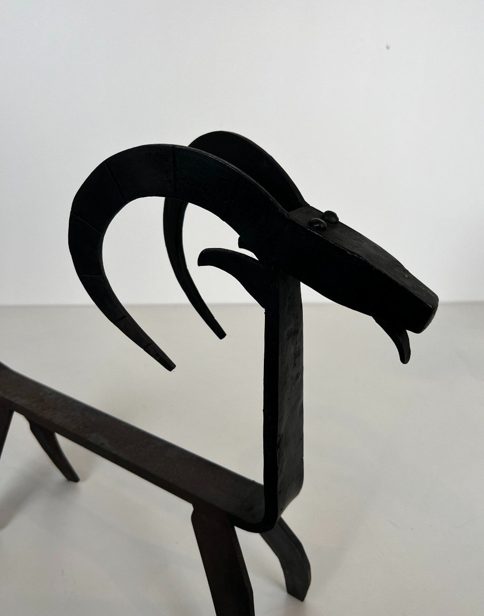 Pair Of Wrought Iron Andirons Representing A Goat. French Work In The Style Of Edouard Schenck.-photo-4