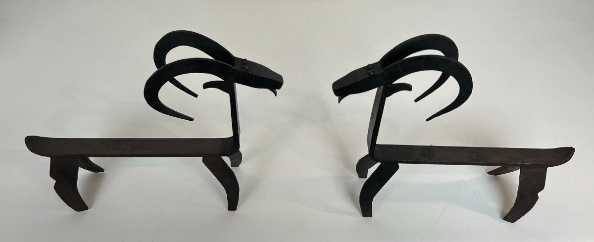 Pair Of Wrought Iron Andirons Representing A Goat. French Work In The Style Of Edouard Schenck.-photo-6