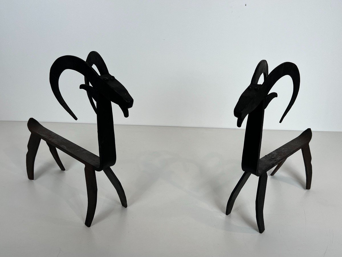 Pair Of Wrought Iron Andirons Representing A Goat. French Work In The Style Of Edouard Schenck.-photo-7