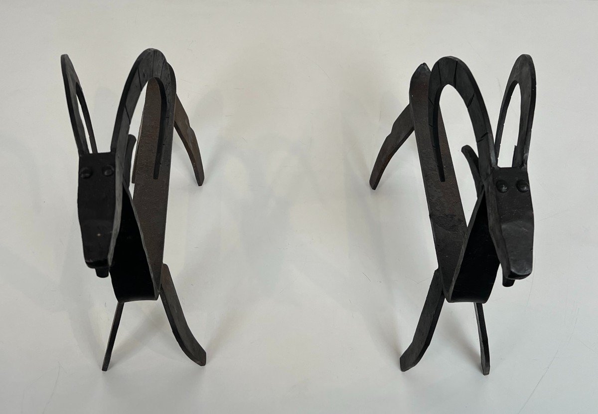 Pair Of Wrought Iron Andirons Representing A Goat. French Work In The Style Of Edouard Schenck.-photo-8