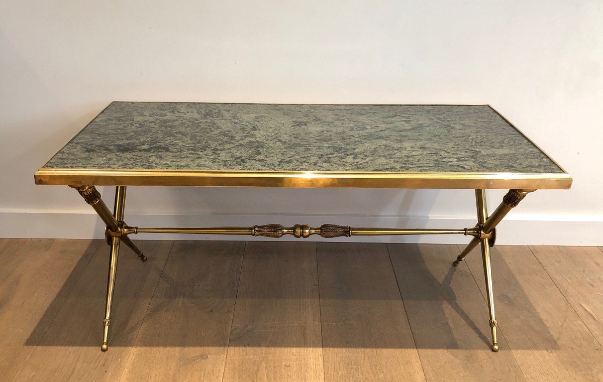 Neoclassical Style Brass Coffee Table With Green Marble Top In The Style Of Raymond Subes-photo-2