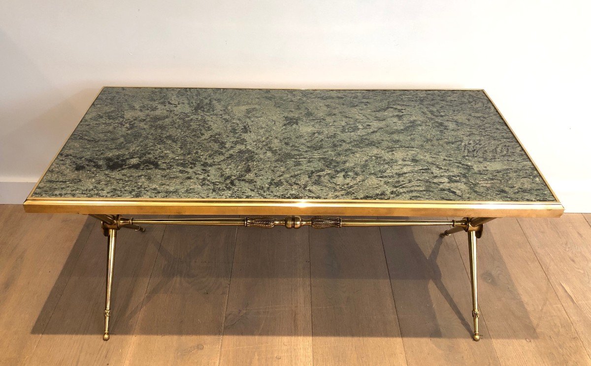 Neoclassical Style Brass Coffee Table With Green Marble Top In The Style Of Raymond Subes-photo-3