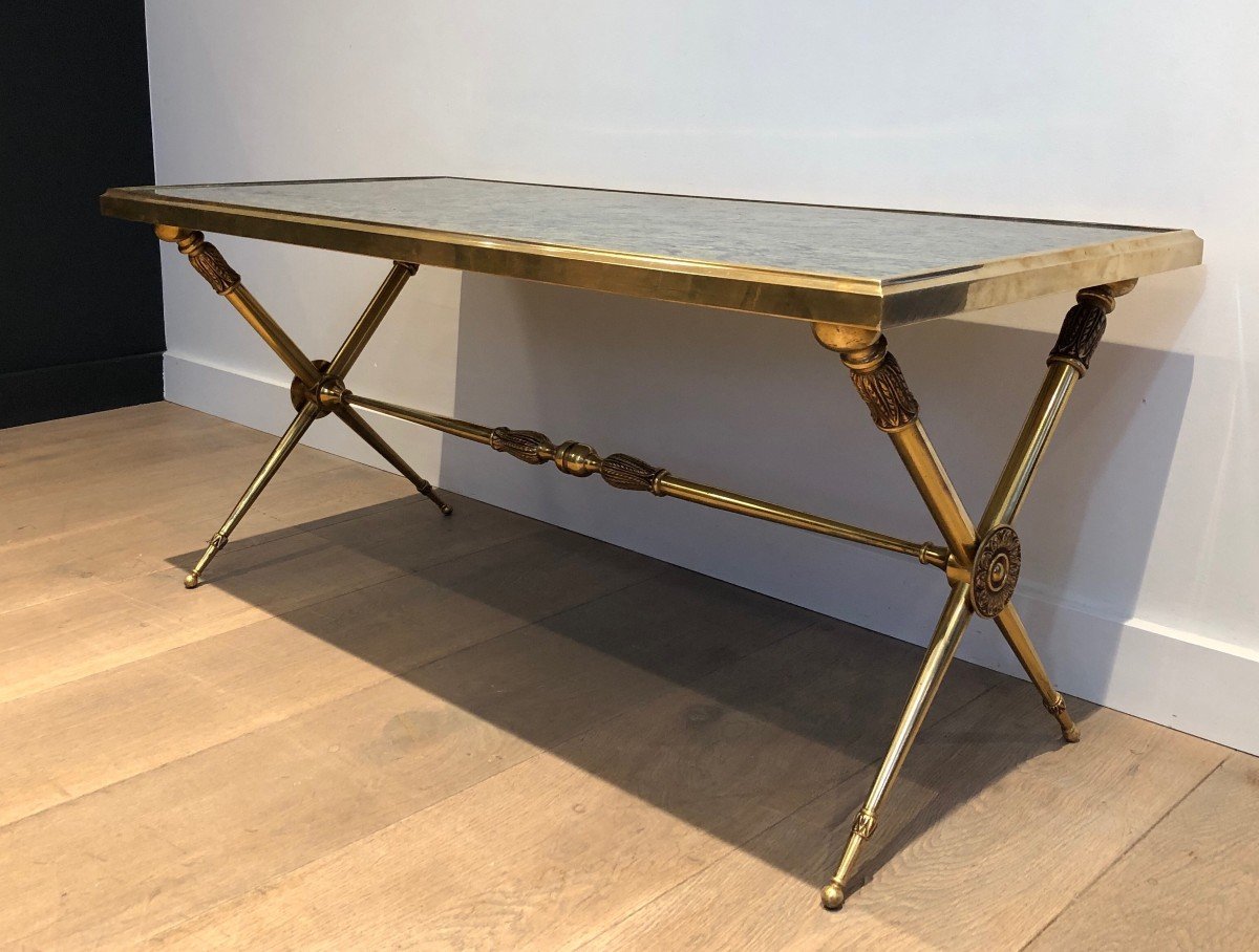 Neoclassical Style Brass Coffee Table With Green Marble Top In The Style Of Raymond Subes-photo-1