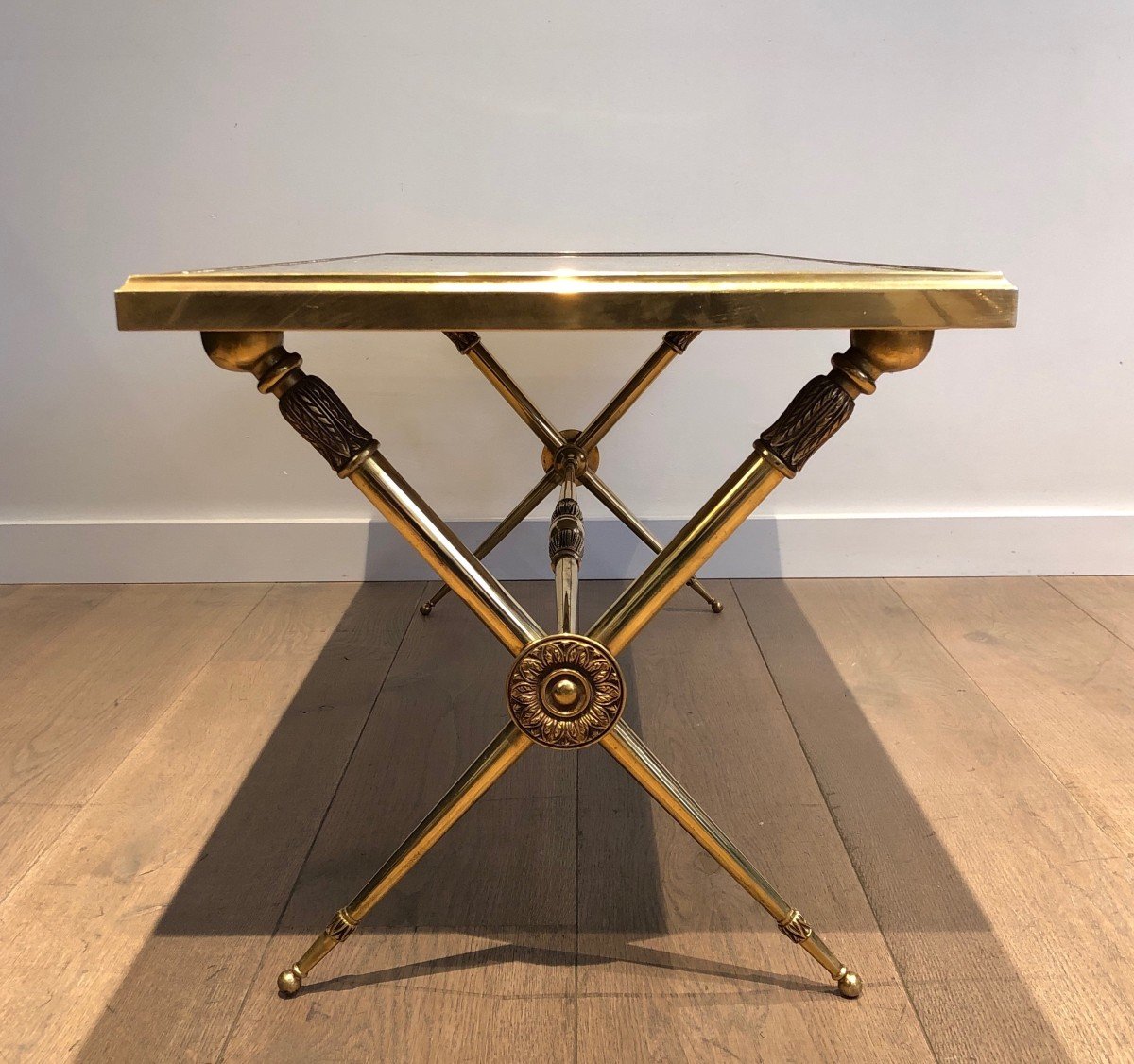 Neoclassical Style Brass Coffee Table With Green Marble Top In The Style Of Raymond Subes-photo-2